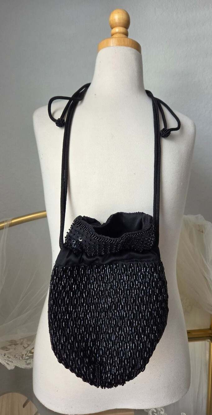 First Issue Black Beaded Drawstring Evening Pouch Bag